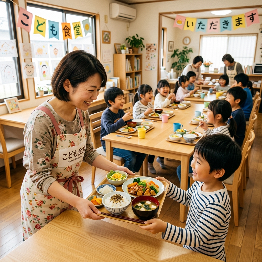 駅前こども食堂で子どもたちに食事を提供している様子